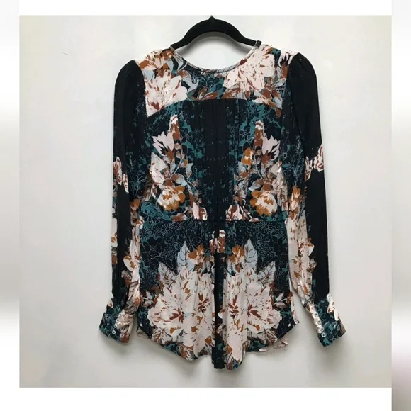Free People Teal Floral Long Sleeve Blouse EUC - Picture 6 of 9